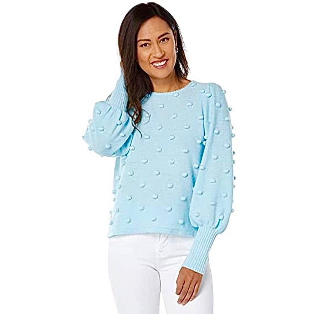 Lilly Pulitzer Kippa Sweater Pom Poms Puff Blouson Sleeves Crewneck Blue Small